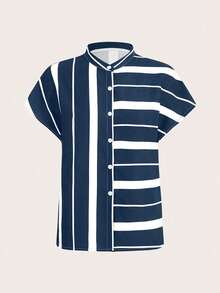 EMERY ROSE Women's Striped Printed Simple Short Sleeve Shirt For Daily Wear - Navy Blue - View 3