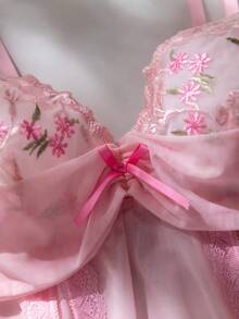 2pcs Women Floral Embroidery Mesh Bow Decor Camisole Sexy Nightgown Set