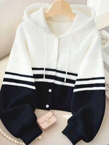 Resyla 女士休闲通勤学院风撞色条纹抽绳连帽单排扣开衫，秋冬款 - 彩色 - 查看 1