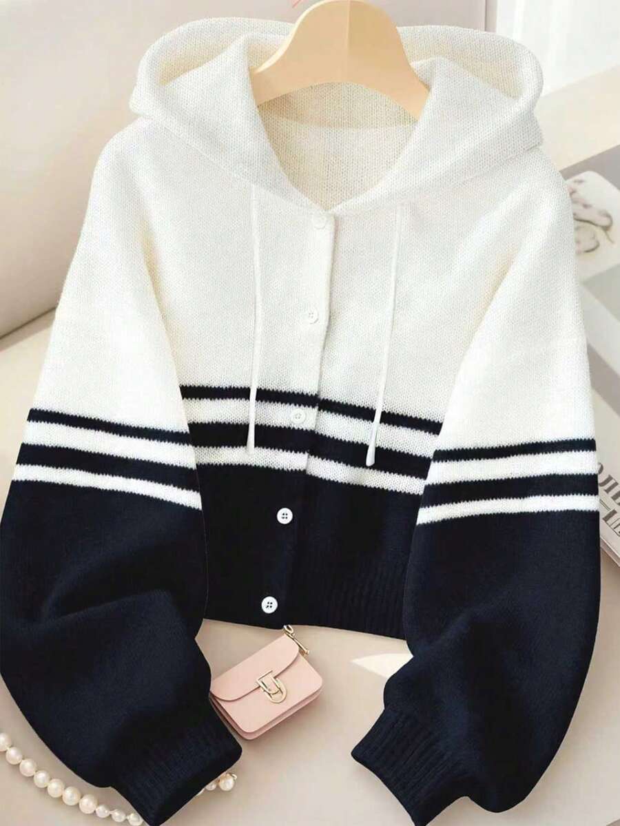 Resyla 女士休闲通勤学院风撞色条纹抽绳连帽单排扣开衫，秋冬款 - 彩色 - 查看 1