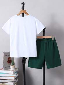 3pcs/Set Boys' Cute Bear Print T-Shirt, Cargo Shorts With Pockets, And Mini Crossbody Bag, Spring/Summer - Dark Green - View 2
