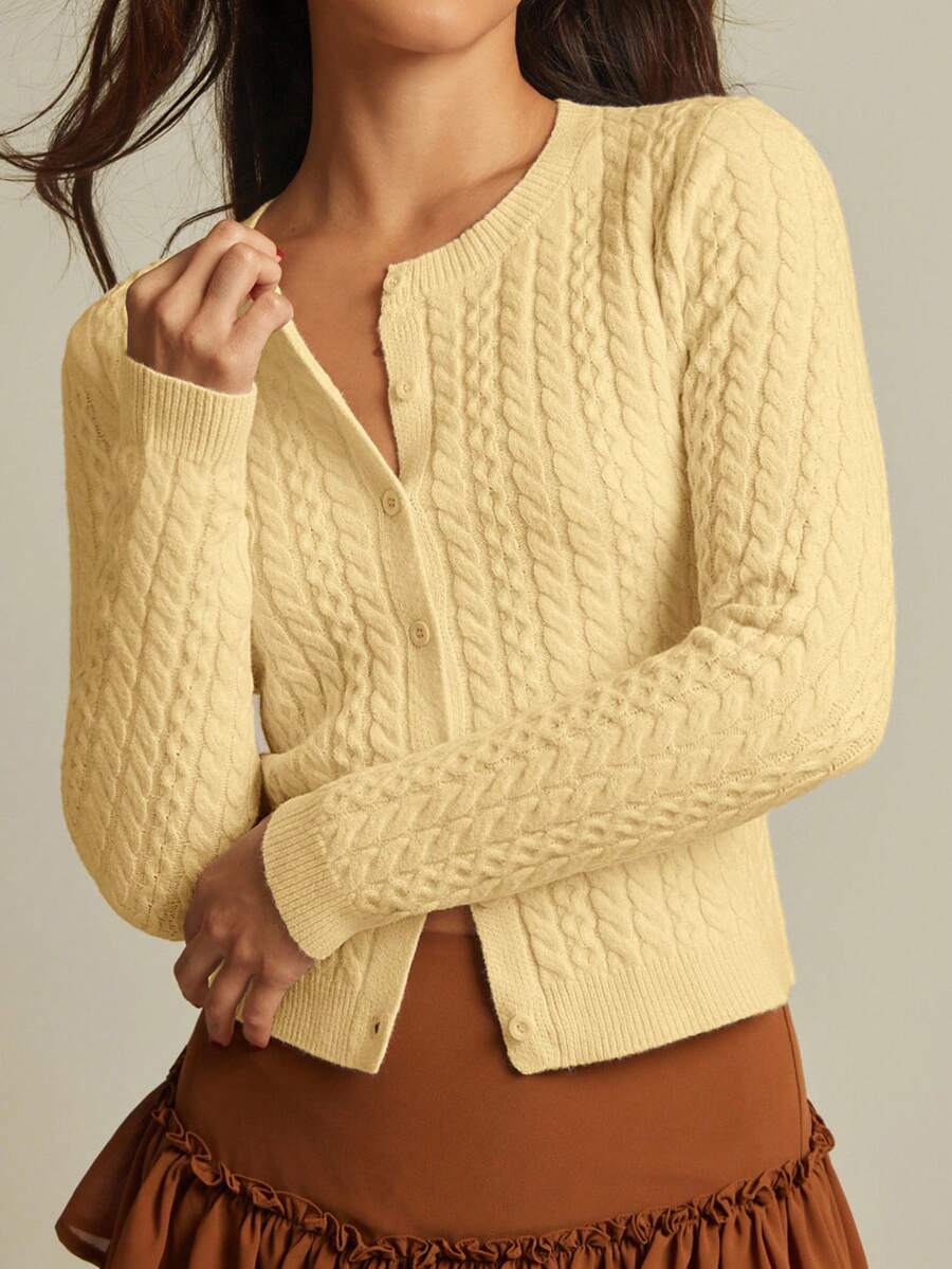 WESTFADE Mix Stitch Cable & Rib Knit Crew-Neck Button Front Cardigan Fall Autumn For Women Country Concert - Light Yellow - View 1