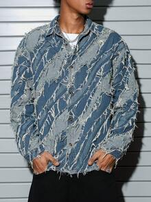 Manfinity EMRG Men's Fashion Long Sleeve Loose Denim Jacquard Jacket Jackets For Men Y2k - Medium Wash - View 7