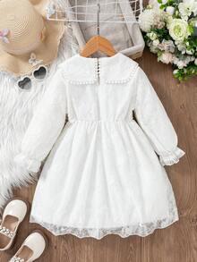 Elladie kids 女童碎花蕾丝领长袖连衣裙，可爱甜美的乡村风格，适合春秋季穿着，适合外出、上学、家庭聚会和玩耍。 - 白色 - 查看 2
