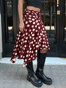 Aloruh Vintage Polka Dot Print Asymmetric Skirt, Casual Commuter Elegant Y2K Style,Burgundy Midi Skirt,Business Casual,Spring Break,Autumn/Winter New Asymmetric Hem A-Line Midi Skirt, High Low Polka Dot Skirt,Spring - Red and White - View 4