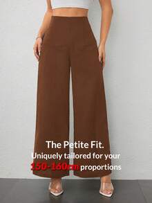 SHEIN PETITE Quần ống rộng họa tiết cạp cao đơn giản, thoải mái cho mùa tựu trường dành cho nữ, quần thu - màu nâu - Xem 9