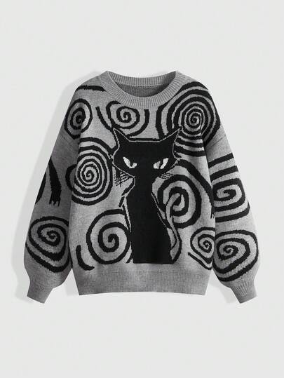 Kawaii Pull décontracté pour femmes avec motif tourbillonnant de chat, col rond à manches longues polyvalent
