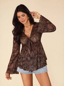 Coeurva 假期派樣印花綁帶前開衩口褶邊女士夏季襯衫 - 咖啡棕 - 查看 6