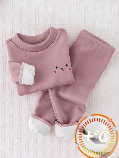 SHEIN 2pcs Young Girl Knitted Solid Color Round Neck Casual Top And Pants Homewear Set, Pajamas, Girls Comfy Set, Sleep Wear Set, Pajamas Set Two Piece