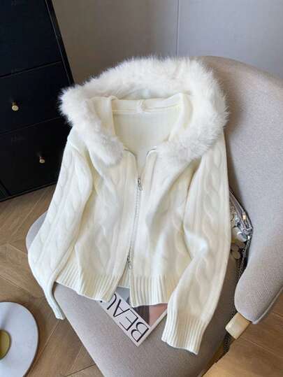 GlowEve Women's Autumn/Winter New Plush Hooded Zipper Solid Color Cable Knit Casual Cardigan