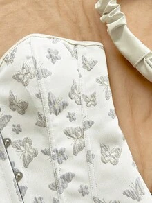 Soleia 女士复古宫廷风彩色花卉提花印花抹胸露脐上衣，带纽扣和后系带 - 彩色 - 查看 7