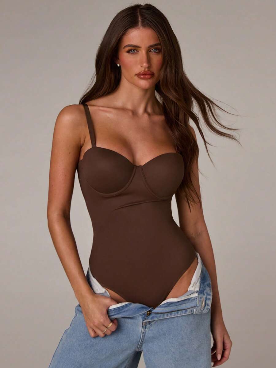 SHEIN BAE 优雅塑身连体裤，带罩杯上衣 - 咖啡棕 - 查看 1