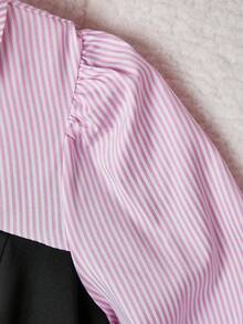 SHEIN Streelcool 条纹拼接女式衬衫，泡泡袖，灯笼袖口，适合春秋季日常通勤、休闲和度假穿着。 - 彩色 - 查看 5