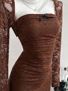 Elamini 性感蕾丝吊带背心和迷你裙套装，修身款，适合秋冬季节 - 棕色 - 查看 8