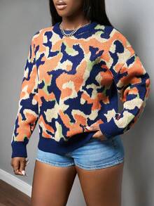 Slaydiva Women's Autumn Navy Blue Casual Streetwear Pullover Sweater,Crew Neck Color Block Fuzzy Knit Long Sleeve Dropped Shoulder Y2k Top For Any Occasion - Multicolor - View 3