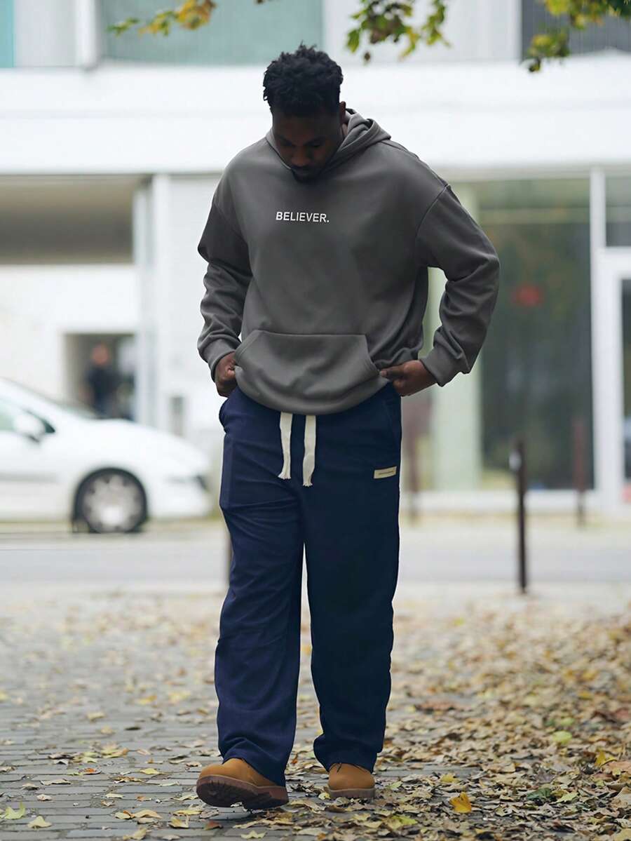 Heavens Edit 男士字母图案口袋落肩连帽衫，适合秋季 - 深灰色 - 查看 1