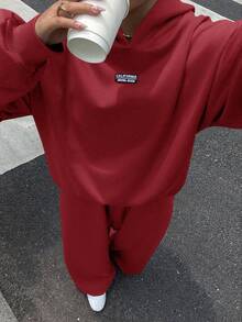 Muchica Women's Burgundy Thermal Lined Casual Loose Hoodie And Sweatpants Set, Christmas Ladies 2-Piece Outfit - Burgundy - View 6