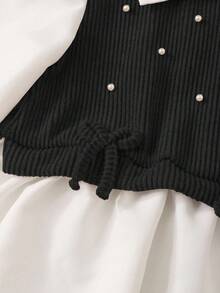 SHEIN ChillGRL Teenage Girls' Casual Shirt Set, Featuring Burgundy Bow Design, Pearl Beaded Knit Fabric, White Long Sleeve Ruffle Hem Blouse Top Paired With Burgundy Pearl Beaded Knit Fabric Flared Pants, Suitable For Casual, Commute, Travel, Party, Photoshoot, Back To School Season Girls Outfit Girls Clothes Sets Girls Flare Pants Set Teenage Girls Spring And Autumn Suit Girls Pant And Shirt Set Teenage Girl Clothes Sets Pants Shirt 3pcs Sets Teen Girls Sets Girls Pants And Shirt Sets - Black - View 5