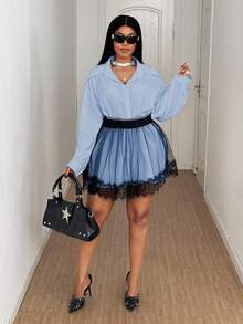 Maweii Conjunto de 2 piezas de blusa y falda de malla de talla grande - Azul - Ver 4