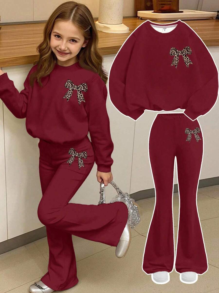 2pcs Vintage Sweet Leopard Bow Print Sweatshirt Set,Berry Red,Loose Fit Crew Neck Long Sleeve Streetwear Outfit For Winter,School,Back-To-School - Multicolor - View 1