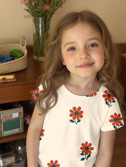 SHEIN 少女休闲简约圆领短袖T恤，适合秋冬季节穿着，经典可爱活泼的花卉印花