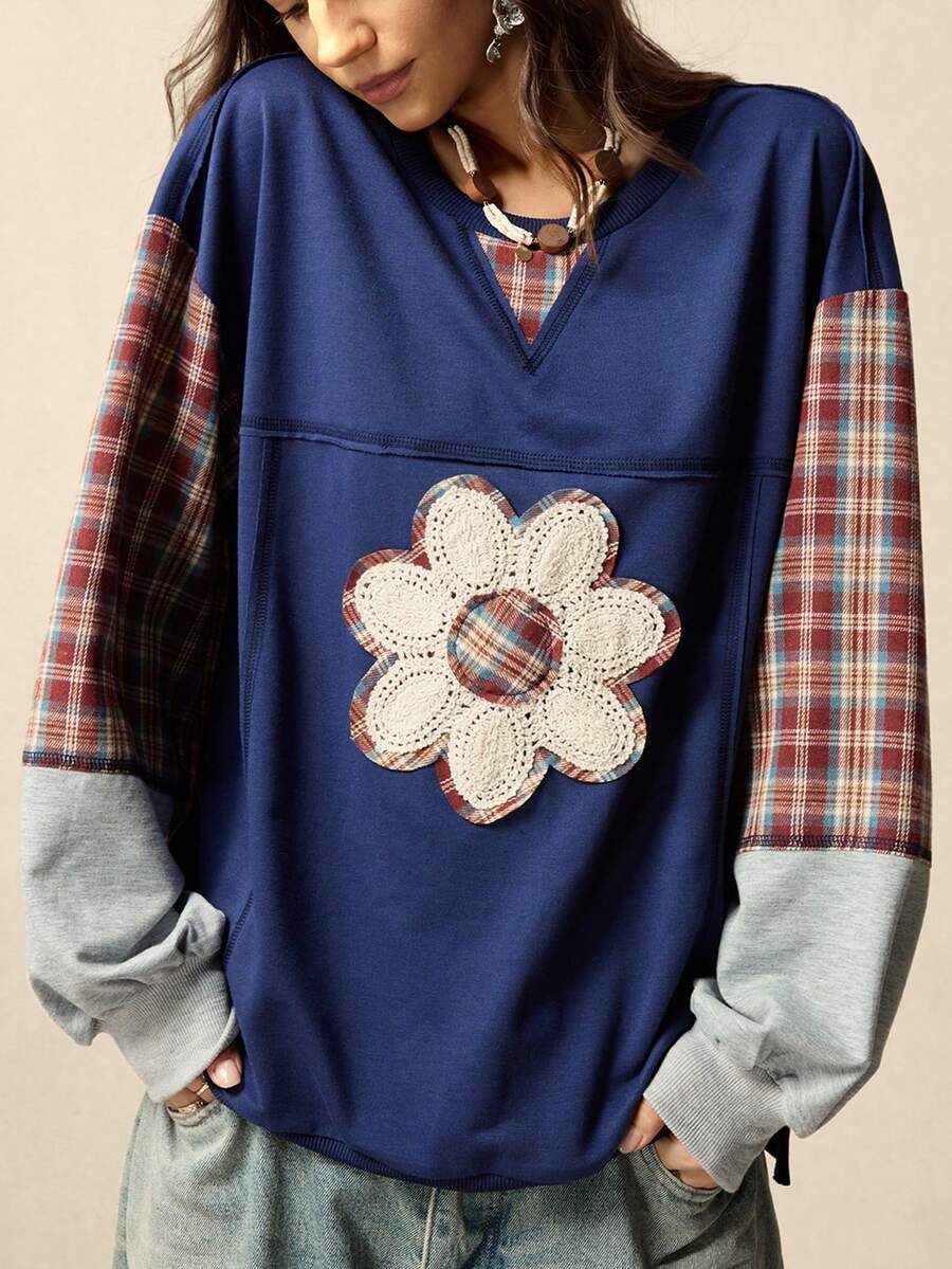 SoleilVie 女士格子拼接刺绣设计复古休闲卫衣 - 藍色 - 查看 1