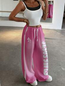 Rovax Fashionable & Streetwear Suitable For Street Photography, Spring/Summer Season, English Letter & Cross Pattern Design, Suitable For Outerwear Pants, Women's Wide-Leg Pants With Curved Hem - Pink - View 3