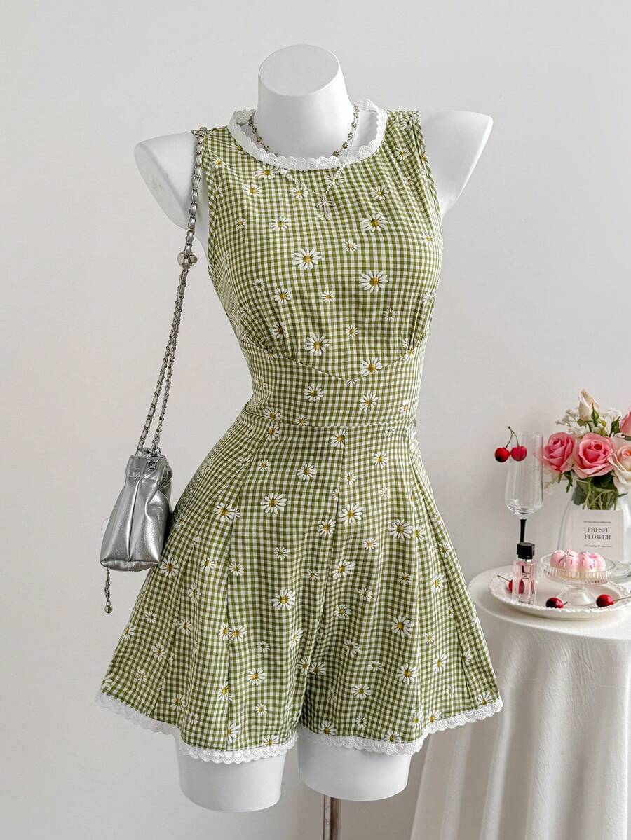 Comfortcana Bộ đồ liền thân không tay kẻ caro thêu hoa cúc dành cho nữ - màu xanh lá - Xem 1