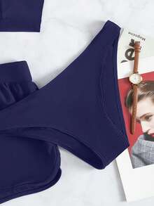 SHEIN Swim 2026春夏三件套纯色挂脖V领比基尼套装，含三角泳裤和三角内裤 - 藏蓝色 - 查看 5