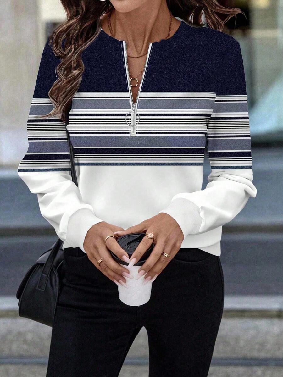 EMERY ROSE 女士条纹拉链休闲长袖卫衣 - 彩色 - 查看 1