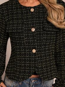 Glamine Women's Elegant Sexy Black Knitted Jacquard Long Sleeve Short Wool Blend Jacket, Autumn/Winter - Black - View 2