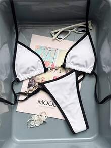 Swim Vcay Swimsuits For Woman Summer Beach Rib Binding Trim Halter Micro Triangle Bikini - White - View 4