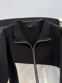 Manfinity Joysei Men Colorblock Drawstring Zipper Placket Long Sleeve Outdoor Windbreaker Jacket, Basic, Going Out, Boyfriend Gift, Fall - Black - View 3