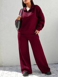 EURMUSE 100%Cotton Petite Half Zip Drop Shoulder Sweatshirt & Sweatpants - Burgundy - View 3