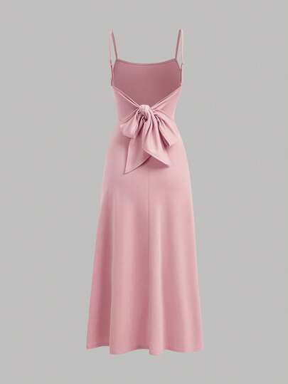 SHEIN Pitira Tween Girls Partywear Hem Pleated Side Pink Solid KnitSpaghetti Strap Bridesmaid Dress Elegant Formal Evening Prom Wedding Guest Gown, For Graduation, Dinner Party Dress