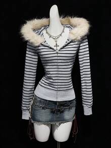 SHEIN ICON 女士Y2K斑马纹抓绒连帽拉链修身休闲长袖卫衣，冬季女装，秋季女装，动漫女装 - 灰色 - 查看 8
