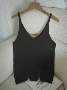Franclia Women's V-Neck Casual Loose Solid Color Knitted Tank Top, Summer - Black - View 2