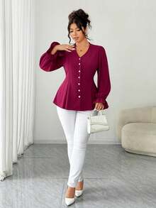 SHEIN Elenzya Áo sơ mi dài tay bo gấu nhún bèo cỡ lớn cho nữ - Màu Đỏ Sâu - Xem 7