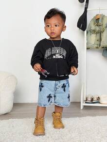 Bubblio 男婴都市街头复古做旧十字刺绣蓝色牛仔长款短裤，百慕大短裤，适合春夏日常穿着，也适合返校季、街头风、男童圣诞节、新年等场合。时尚系列，牛仔短裤，2岁男童牛仔短裤，休闲，印花牛仔，2000年代印花牛仔短裤，情人节、海滩、派对、女童印花短裤，度假 - 淺色水洗藍 - 查看 5