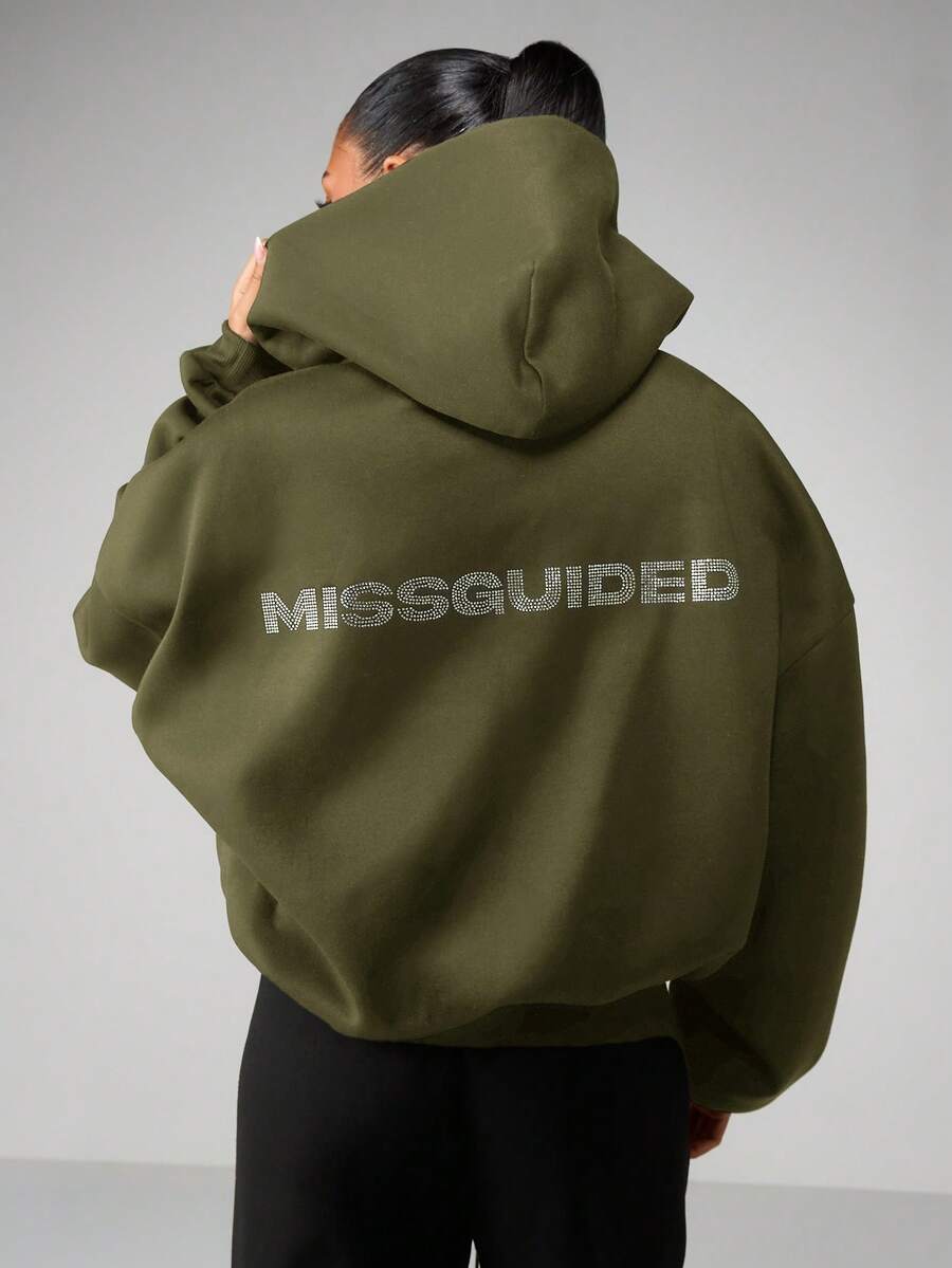 MISSGUIDED Hotfix Rhinestone Zip Through Hoodie With Centre Pocket And Drawstring Hood For Casual Everyday Wear - Khaki - View 1