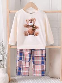 Baby Boys T-Shirt Co-Ords-Long Sleeve Tee Set Crew Neck Top And Plaid Pants Cream Teddy Bear Print Blue Pink Plaid Four Season 2026 New Year Essential Versatile And Comfortable Warm And Cute Style - Apricot - View 3