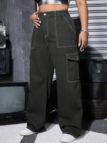 Plus Size Women Loose Fit Elastic Waist Washed Denim Cargo Pants - Dark Grey - View 6