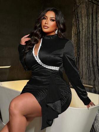 NU&NOW 大码女式立领长袖镂空褶皱性感优雅连衣裙