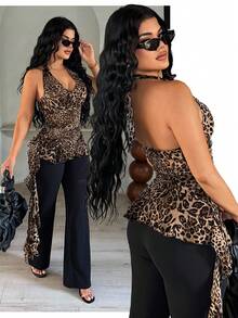 SHEIN SXY Leopard Print Ruffle Trim Backless Halter Top, Cheetah Top - Multicolor - View 5