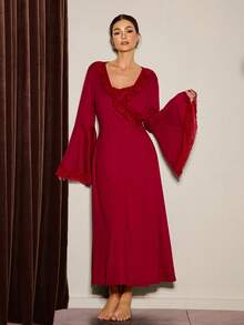 Slumberist Conjunto de pijama con camisola de encaje con contraste de escote pronunciado y bata de manga larga con lazo lateral, ropa de invierno - Burdeos - Ver 5