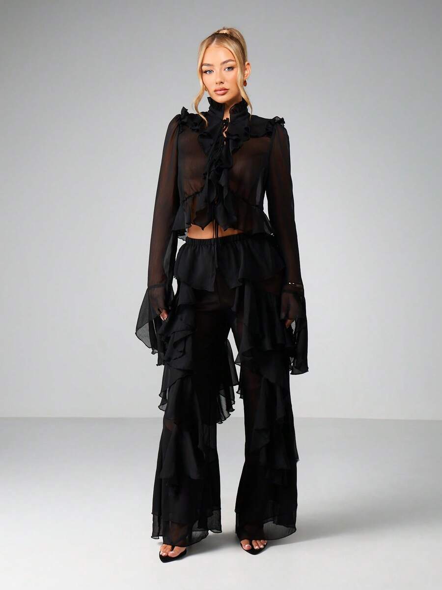 MISSGUIDED 圣诞优雅雪纺荷叶边两件套长袖上衣搭配层叠喇叭裤正式晚宴套装 - 黑色 - 查看 1