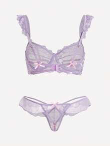 SHEIN Conjunto de lencería de 2 piezas con bralette y tanga con borde de volantes de encaje y decoración de moño, lencería sexy para mujeres - Púrpura malva - Ver 3
