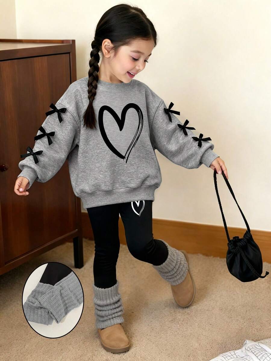 2pcs/Set Girls Casual Chic Grey Heart Pattern Long Sleeve Crew Neck Sweatshirt With 3D Bow Sleeve And Black Leggings, Cute Outfit For Autumn/Winter