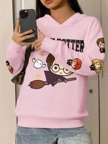 HARRY POTTER X SHEIN Bequemer Rundhals-Langarm Lässig Pullover für Herbst/Winter mit Cartoon-Figur & Hermione Granger Schriftzug, süßer rosa Kapuzenpullover für Frauen