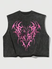 ROMWE MEN Goth 时尚印花复古夏季短款圆领背心 - 黑色 - 查看 4